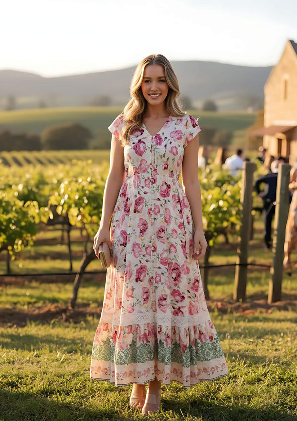 Carrie Short Sleeve Boho Maxi Dress in Blush Pinks