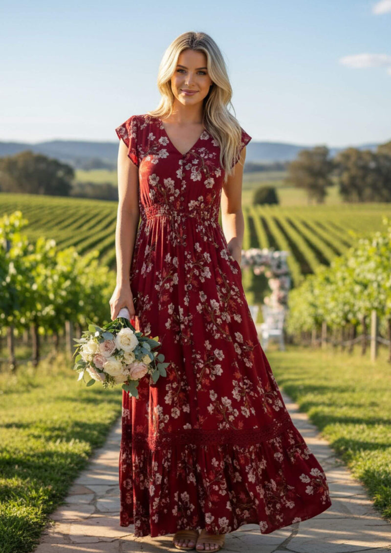 Carrie Short Sleeve Boho Maxi Dress in Cherry Red