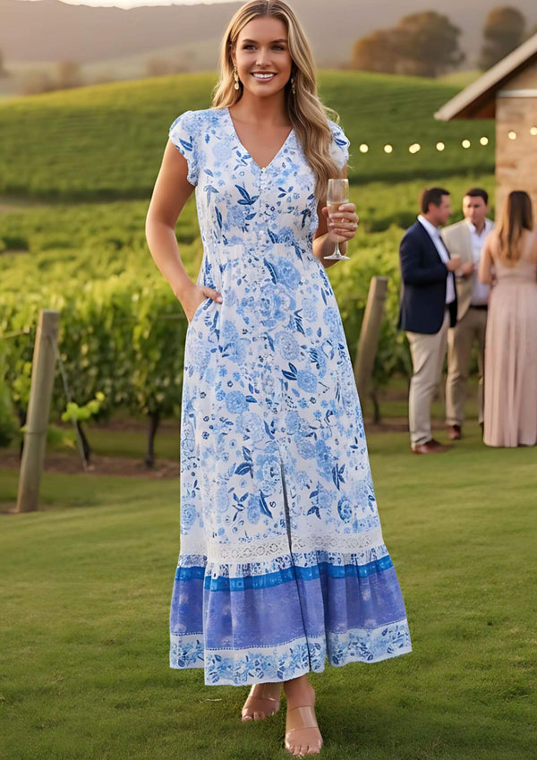 Carrie Short Sleeve Boho Maxi Dress in China Blues