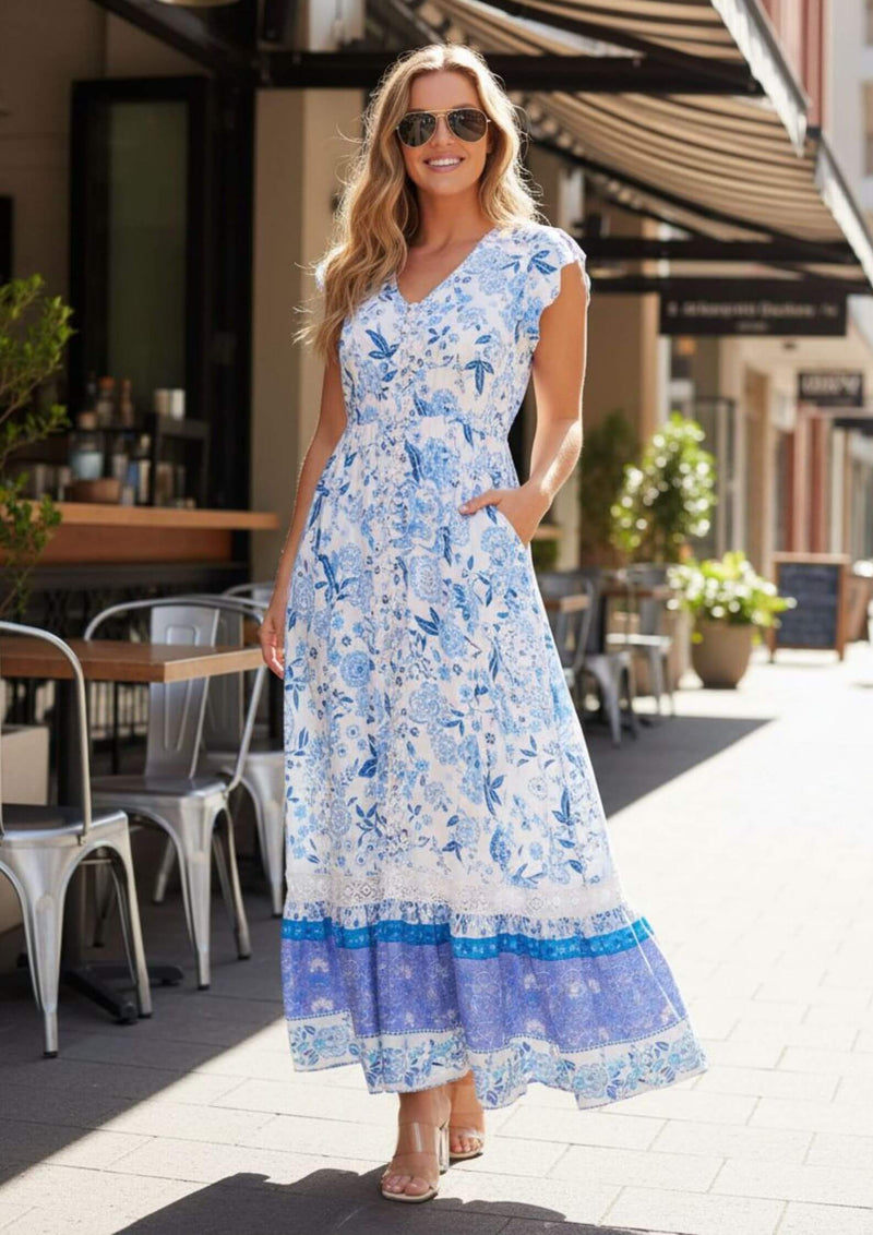 Carrie Short Sleeve Boho Maxi Dress in China Blues