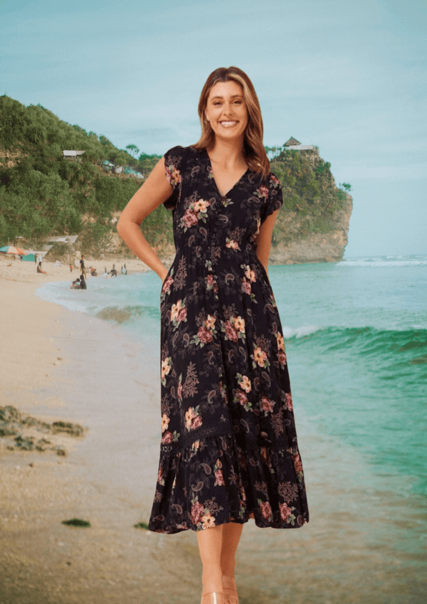 Carrie Short Sleeve Boho Maxi Dress in Navy Pink Print