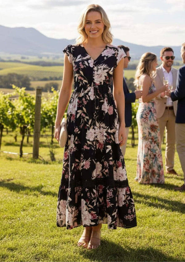 Carrie Short Sleeve Boho Maxi Dress in Navy and Blush