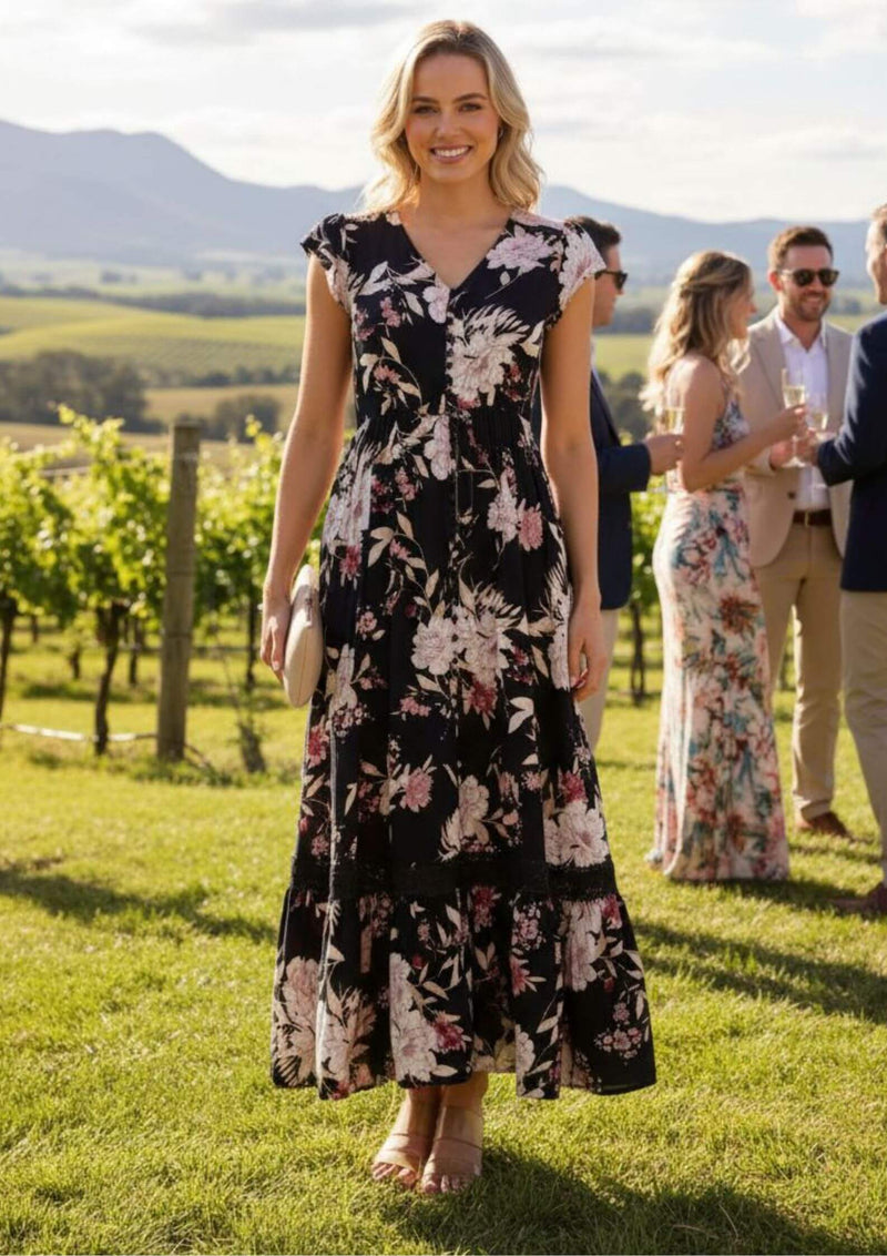 Carrie Short Sleeve Boho Maxi Dress in Navy and Blush