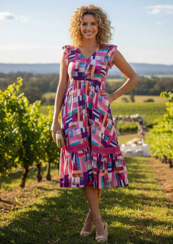 Carrie Short Sleeve Boho Midi Dress in Abstract Azalea