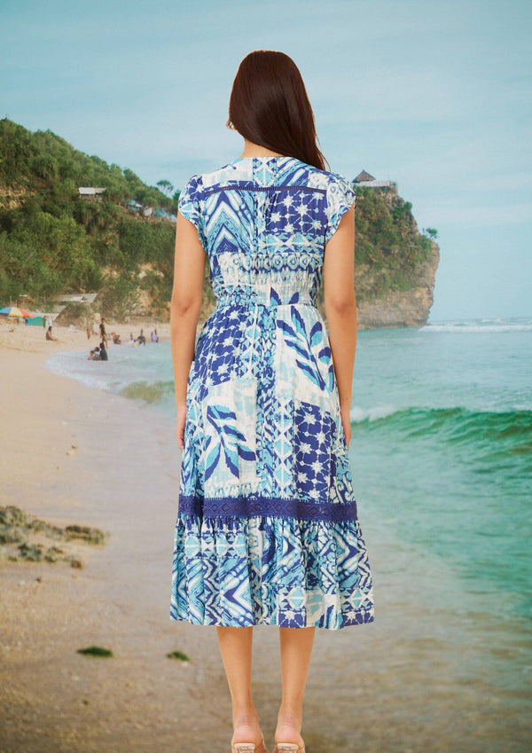 Carrie Short Sleeve Boho Midi Dress in Blue Ikat Print