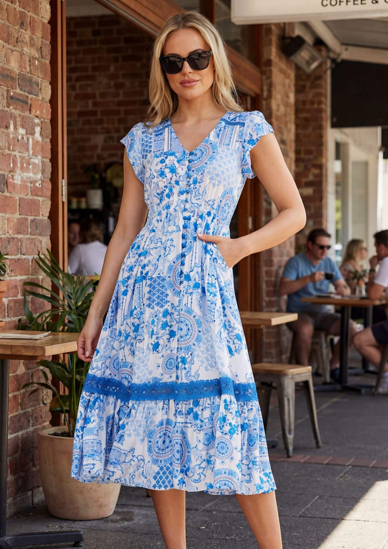 Carrie Short Sleeve Boho Midi Dress in China Blue – Frangipani Living