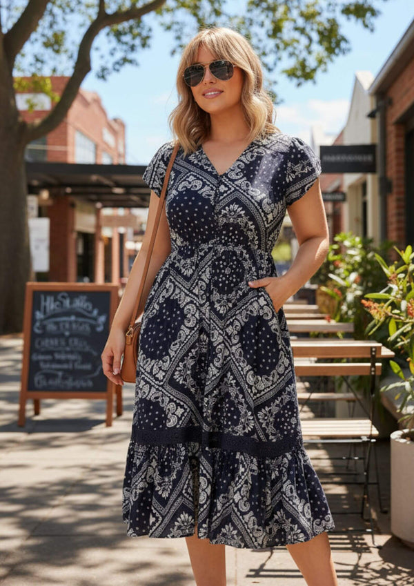 Carrie Short Sleeve Boho Midi Dress in Navy Block Print