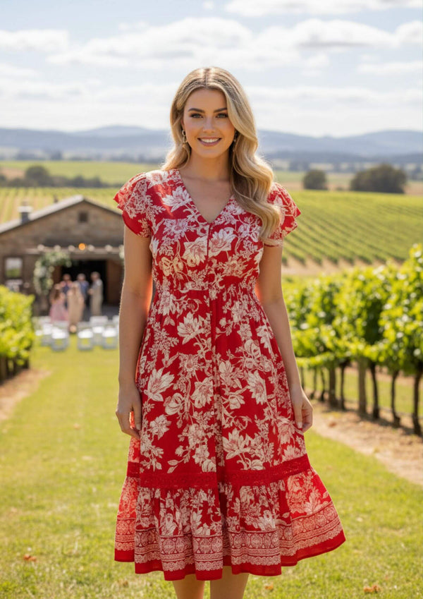 Abstract Carrie Short Sleeve Boho Midi Dress in Red Floral