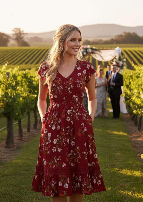 Carrie Short Sleeve Boho Knee Length Dress in Cherry Print