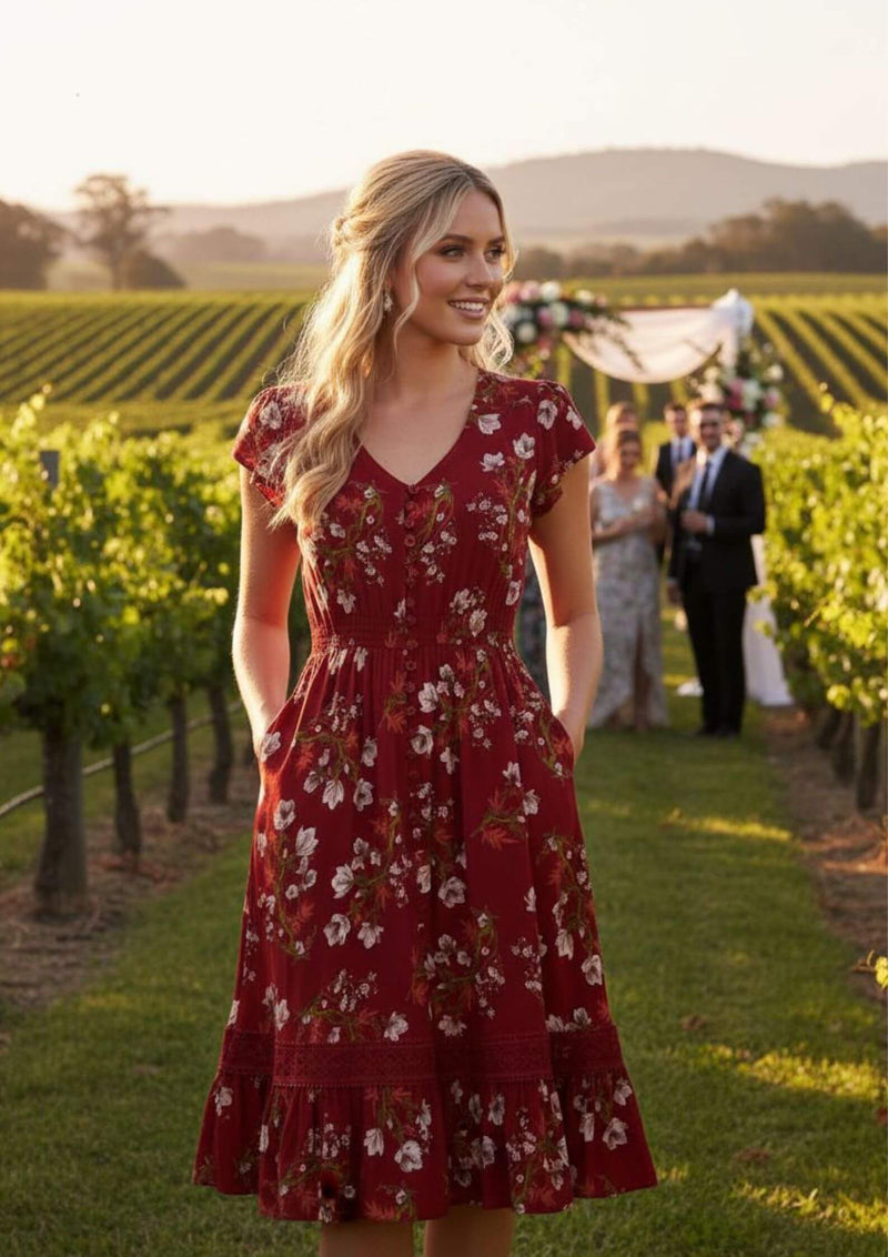 Carrie Short Sleeve Boho Knee Length Dress in Cherry Print
