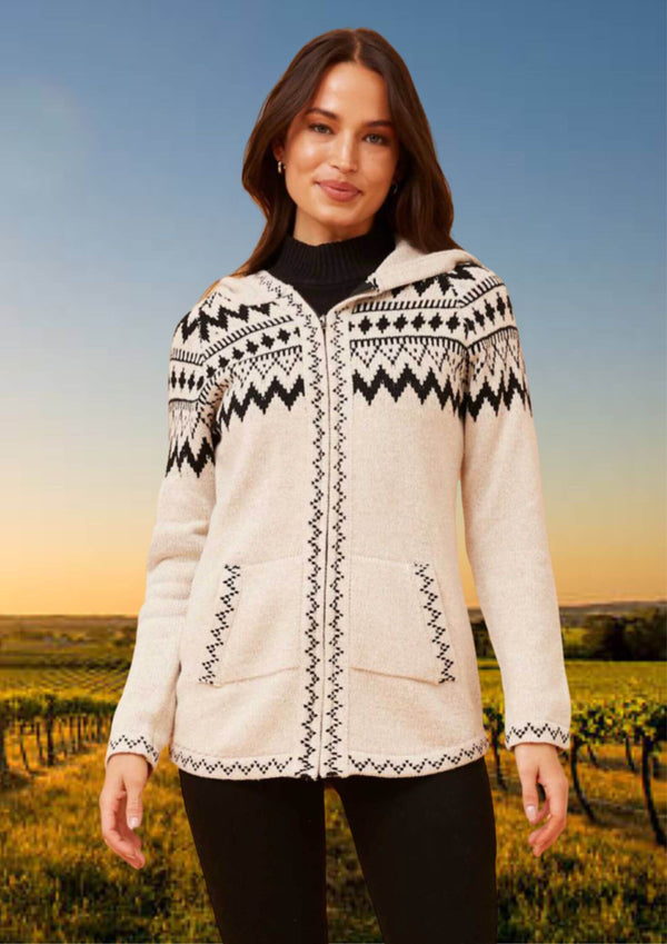 Chevron Detail Zipper Front Knit Hoodie Jacket in Ivory and Black
