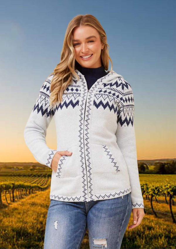 Chevron Detail Zipper Front Knit Hoodie Jacket in Powder and Navy
