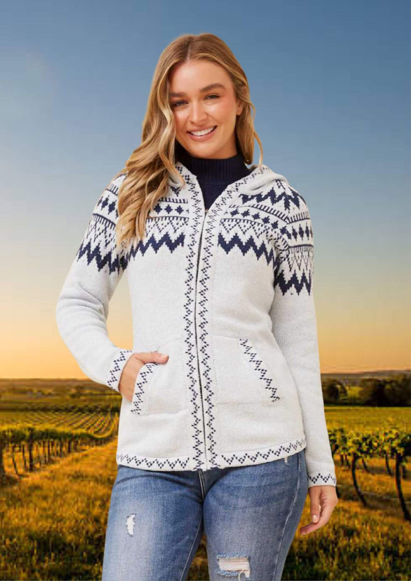 Chevron Detail Zipper Front Knit Hoodie Jacket in Powder and Navy