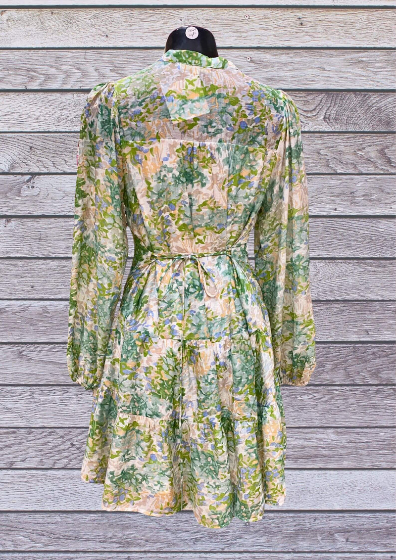 Dusk Long Sleeve Short Dress in Watercolour Greens