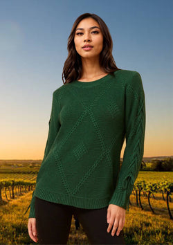 Emma Round Neck Knit Jumper with Decoartive Sleeve in Emerald
