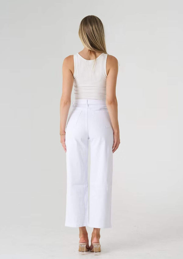 High Waist Wide Leg Stretch Jeans with Classic Pockets in White by Wakee