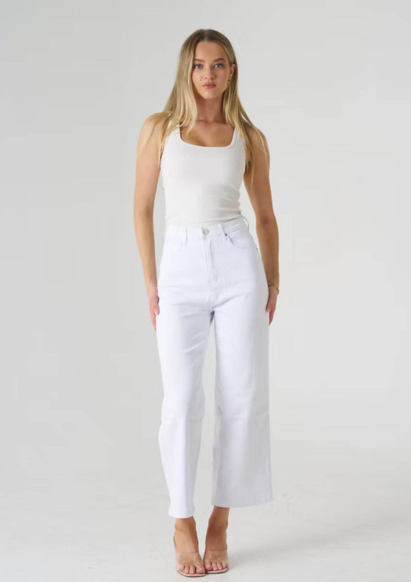 High Waist Wide Leg Stretch Jeans with Classic Pockets in White by Wakee