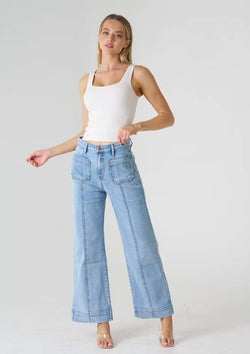 High Waist Wide Leg Stretch Jeans with Front Pockets and Seams in Light Blue by Wakee