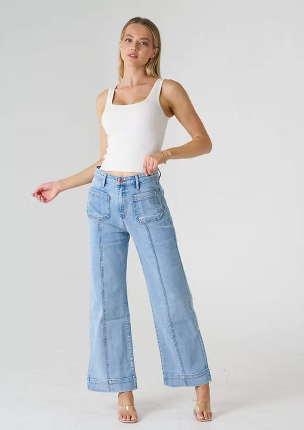 High Waist Wide Leg Stretch Jeans with Front Pockets and Seams in Light Blue by Wakee