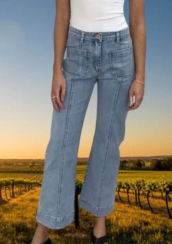 High Waist Wide Leg Stretch Jeans with Front Pockets and Seams in Light Blue by Wakee