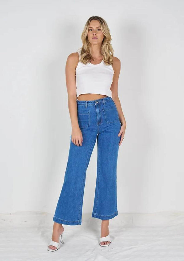 High Waist Wide Leg Stretch Jeans with Front Pockets by Wakee
