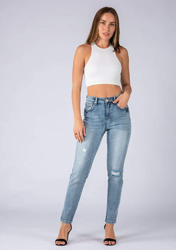 High Waisted Mum Jeans in Distressed Blue by Wakee Full Length