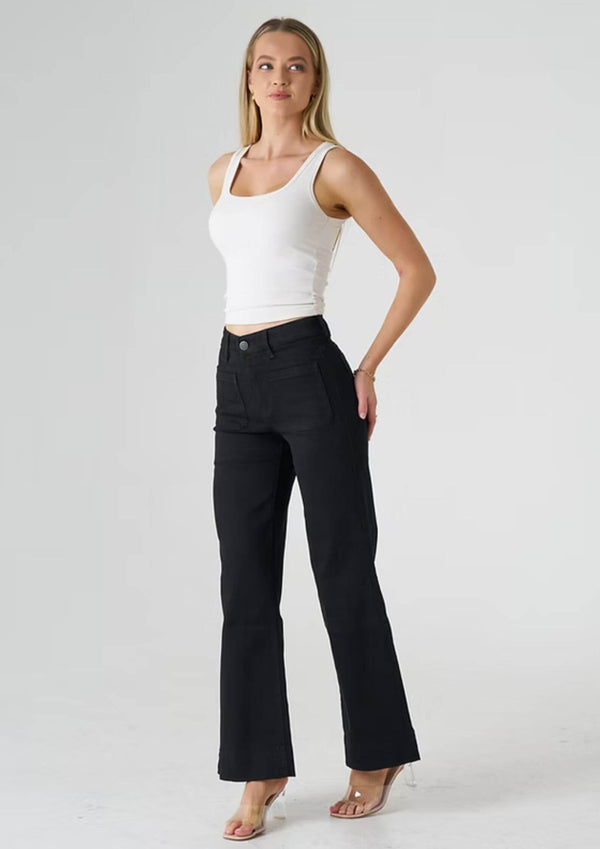 High Waist Black Wide Leg Stretch Jeans with Front Pockets by Wakee