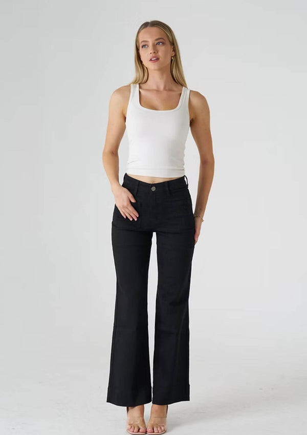 High Waist Black Wide Leg Stretch Jeans with Front Pockets by Wakee
