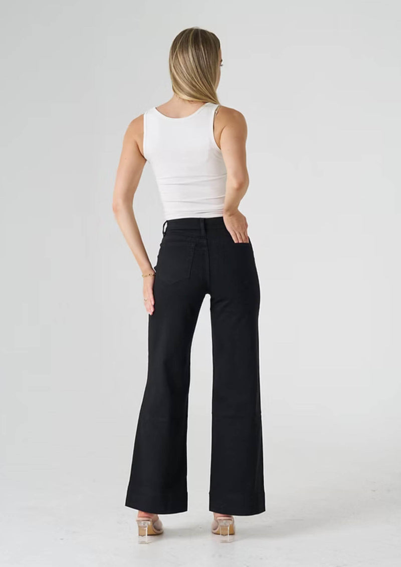 High Waist Black Wide Leg Stretch Jeans with Front Pockets by Wakee