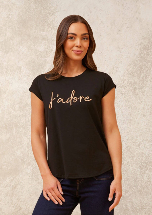 I Adore Embroidered T Shirt in Black