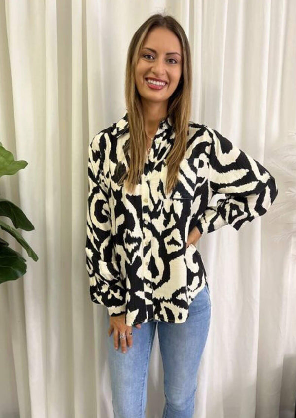 Ikat Long Sleeve Shirt Top in Black and Off White