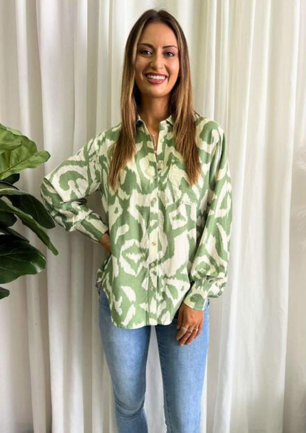 Ikat Long Sleeve Shirt Top in Sage and Off White