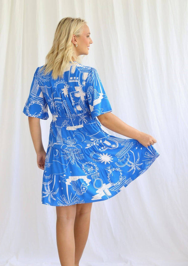 Isla Button Front Dress in Cobalt Mallorca Print