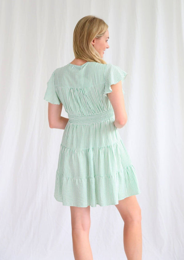 Isla Button Front Dress in Green Stripe Print