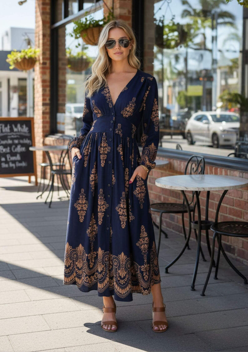 Isla Long Sleeve Midi Dress in Navy Print – Frangipani Living