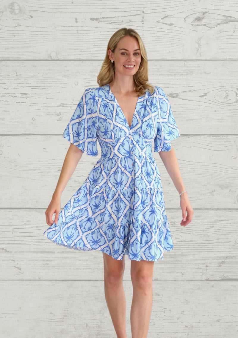 Isla Short Sleeve Button Front Dress in Blue Palms