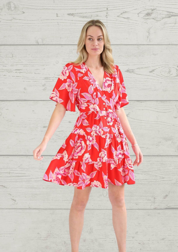 Isla Short Sleeve Button Front Dress in Red