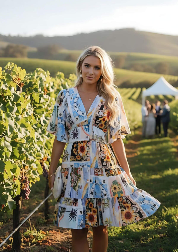 Isla Short Sleeve Button Front Dress in Summer Sunflower