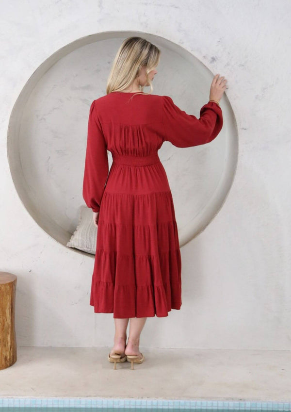 Isla Long Sleeve Linen Blend Midi Dress in Cherry