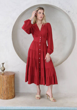 Isla Long Sleeve Linen Blend Midi Dress in Cherry