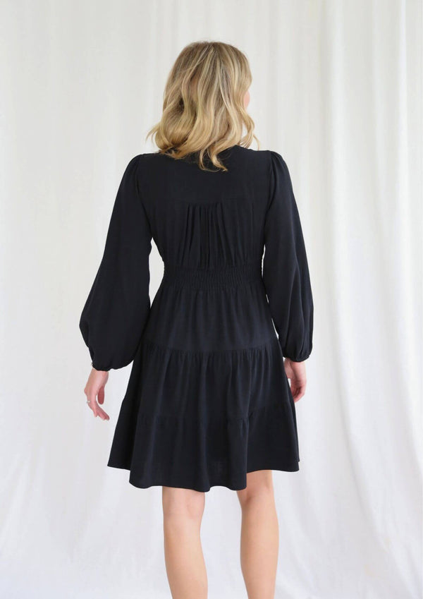 Islahya Button Front Linen Dress in Black