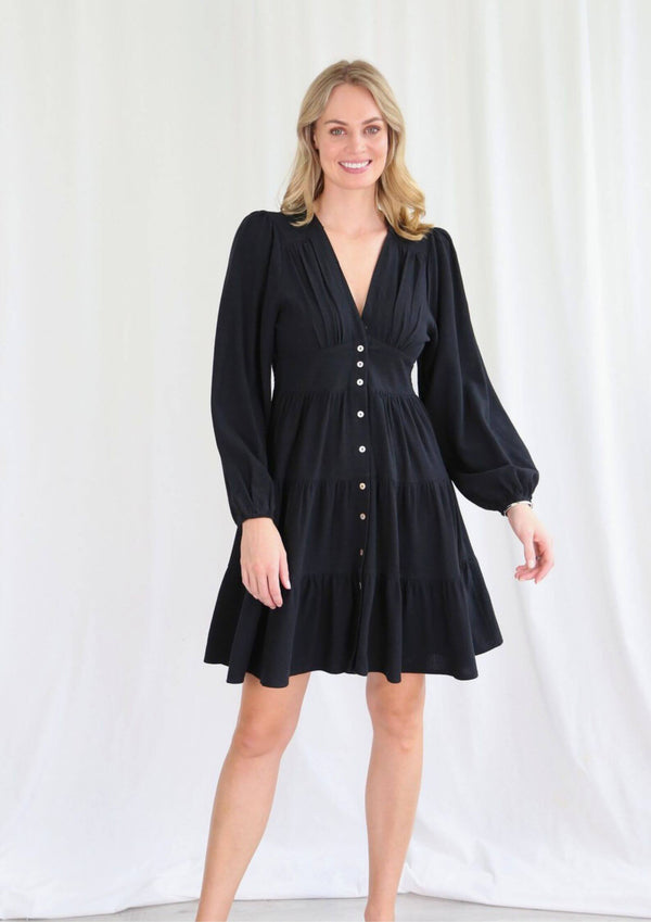Islahya Button Front Linen Dress in Black