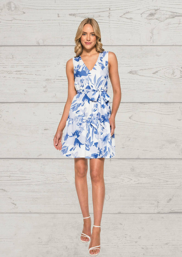 Jasmine Sleeveless Dress in Blue and White