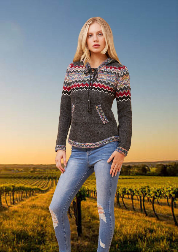 Jaynee Pullover Hoodie in Grey Chevron Knit