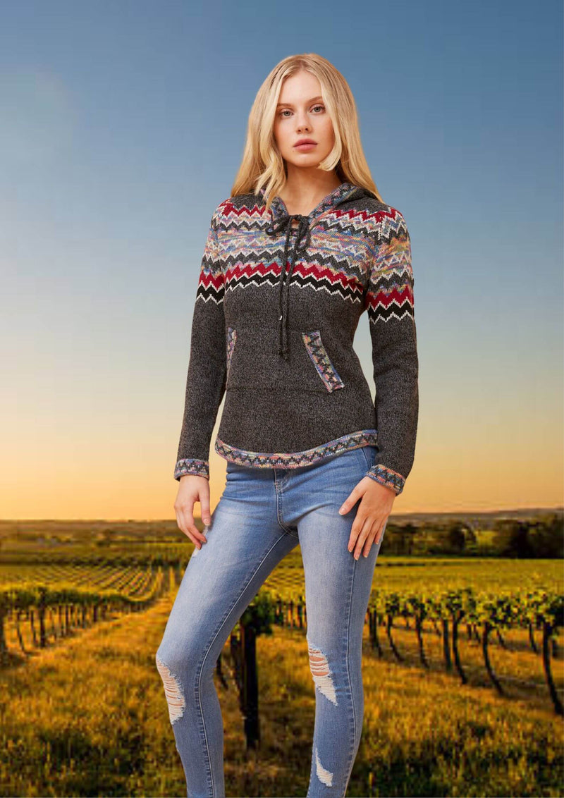 Jaynee Pullover Hoodie in Grey Chevron Knit