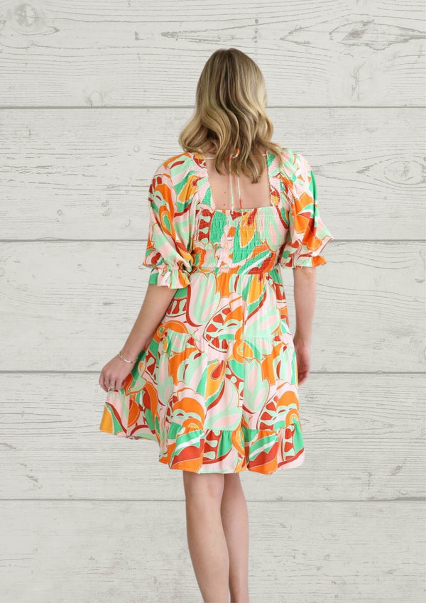 Kailee Short Sleeve Shirred Dress in Citrus Brights