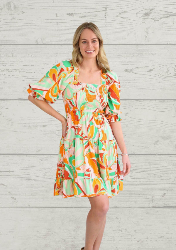 Kailee Short Sleeve Shirred Dress in Citrus Brights