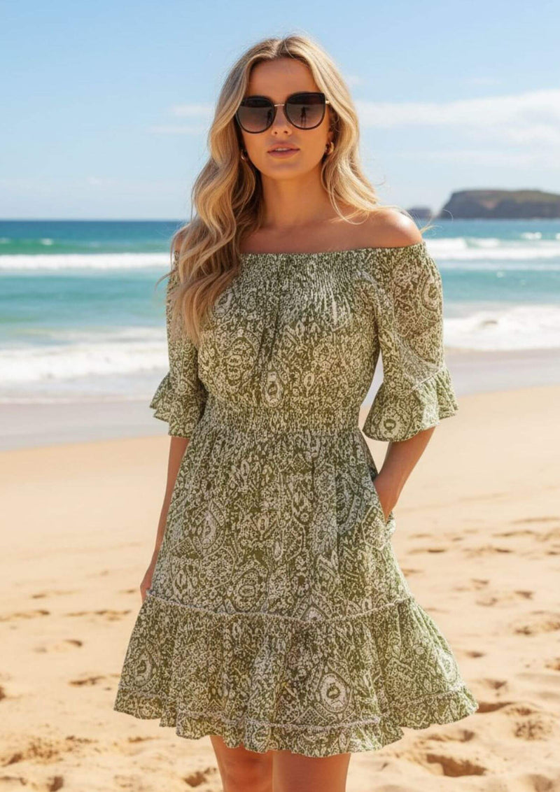 Kali Off or On the Shoulder Dress in Sage