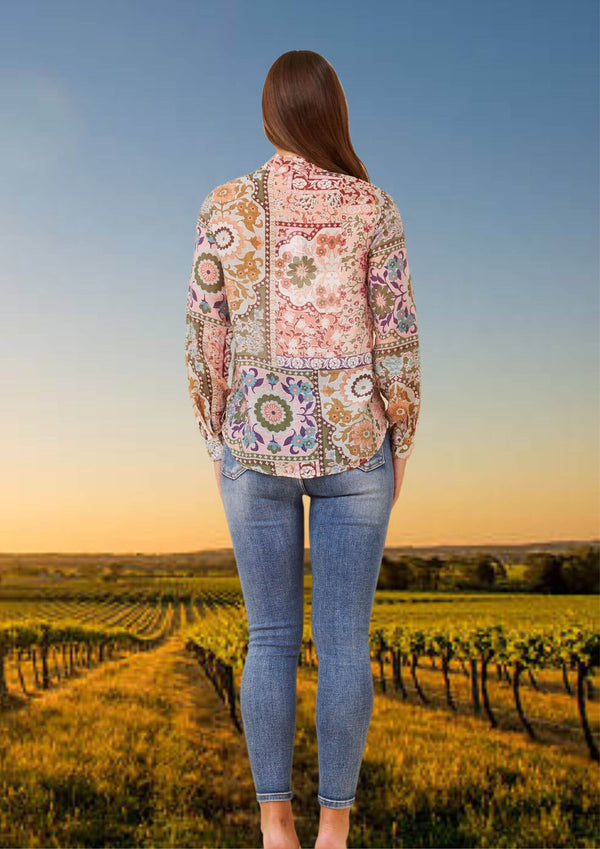 Katey Long Sleeve Blouse Top in Dusty Rose Print