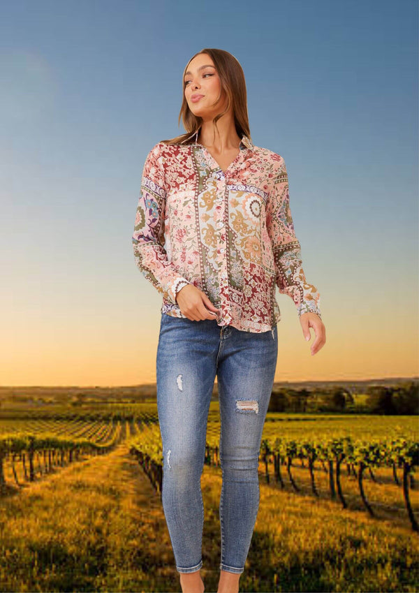 Katey Long Sleeve Blouse Top in Dusty Rose Print